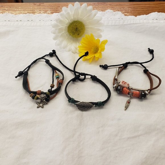 Jewelry - SOLD Trio of leather toggle charm style hippy Boho bracelets